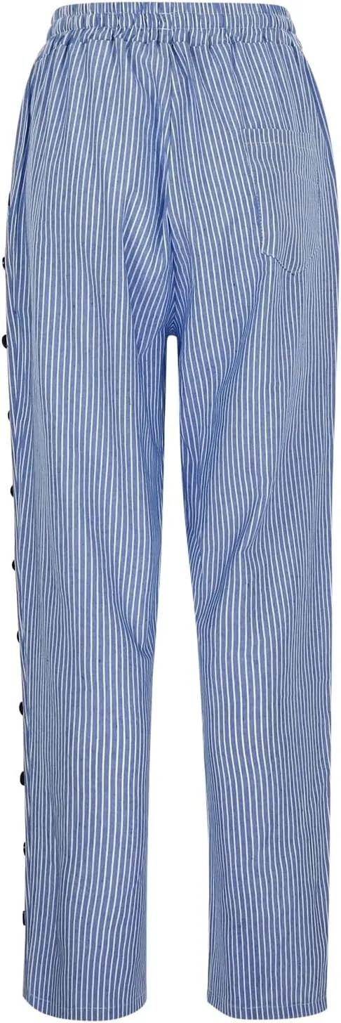 Women's Casual Pants Striped Side Button Elastic Waist Trendy Pants Straight Leg Baggy Trousers with Pocket