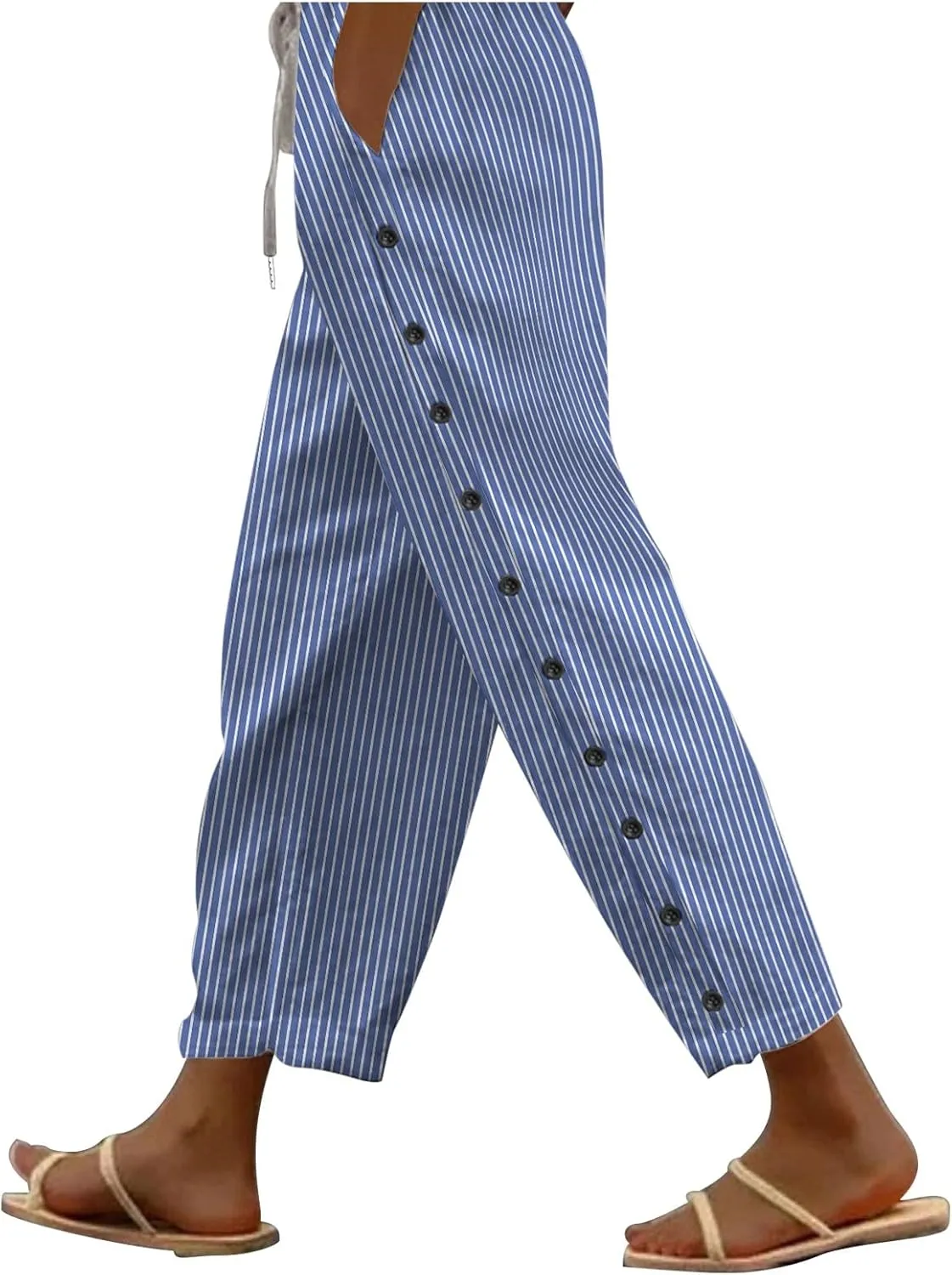 Women's Casual Pants Striped Side Button Elastic Waist Trendy Pants Straight Leg Baggy Trousers with Pocket