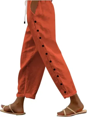 Women's Casual Pants Striped Side Button Wide Leg Pinstripe Linen Pant Baggy Elastic Lightweight Beach Trousers with Pocket Linen Pants Women Side Stripe Pants Women