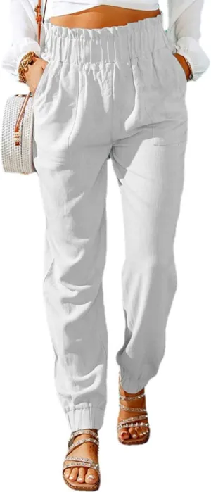 Womens Casual Pants Summer Elastic High Waisted Pants Loose Fit Pleated Straight Leg Trousers Comfort Beach Pant