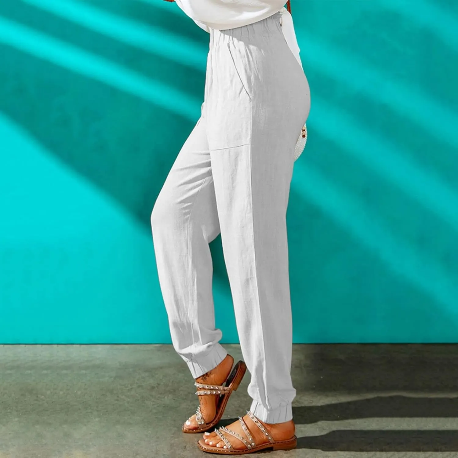 Womens Casual Pants Summer Elastic High Waisted Pants Loose Fit Pleated Straight Leg Trousers Comfort Beach Pant