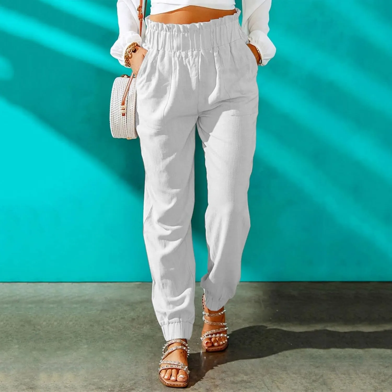 Womens Casual Pants Summer Elastic High Waisted Pants Loose Fit Pleated Straight Leg Trousers Comfort Beach Pant