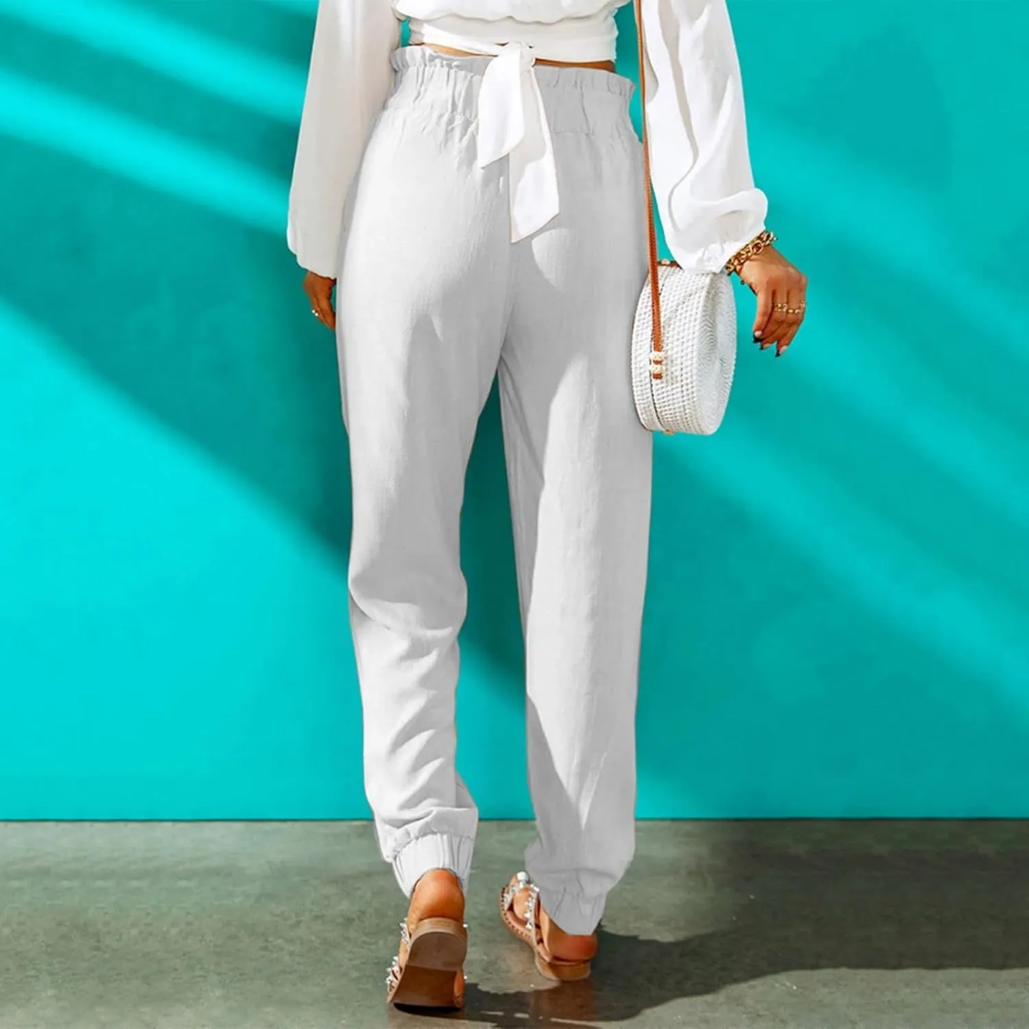 Womens Casual Pants Summer Elastic High Waisted Pants Loose Fit Pleated Straight Leg Trousers Comfort Beach Pant
