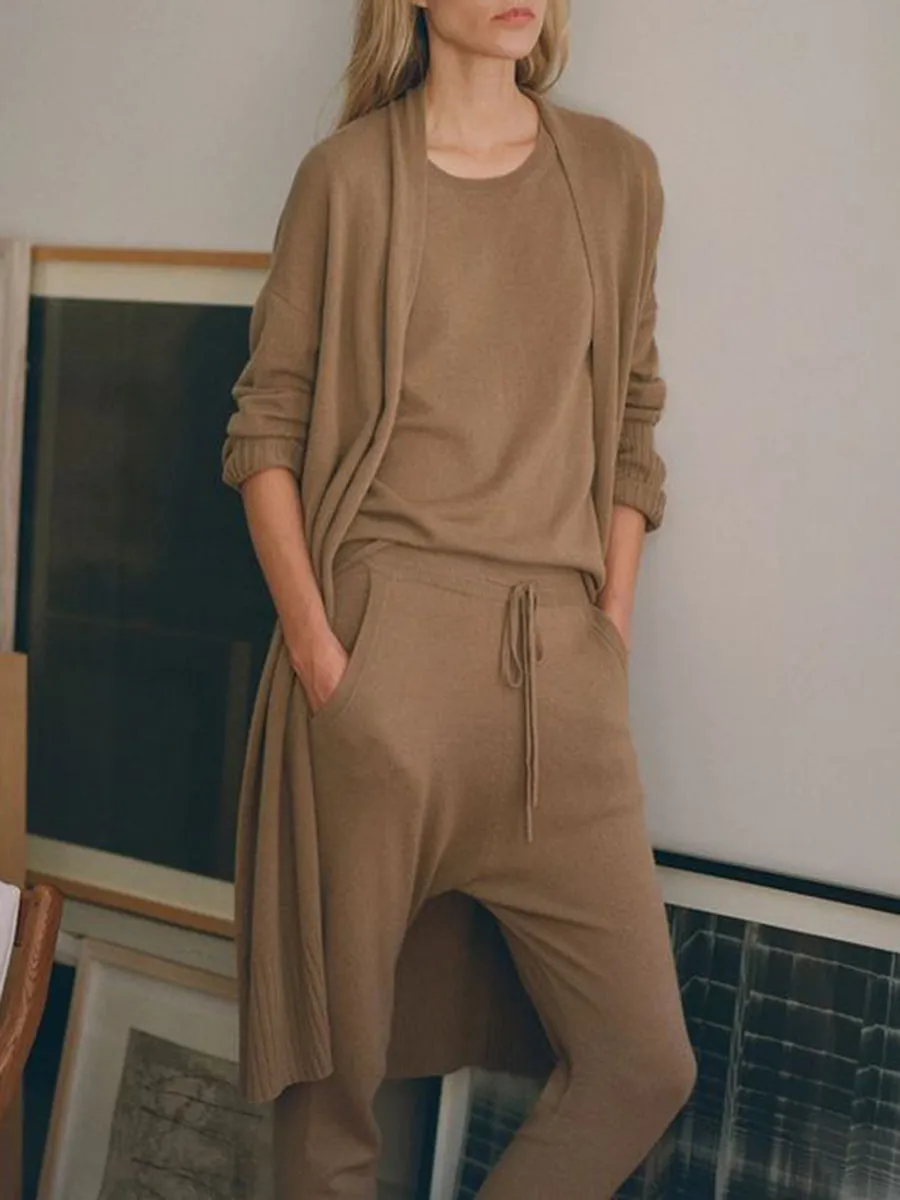 Women'S Casual Round Neck Knitted Long Sleeve Three-Piece Suit