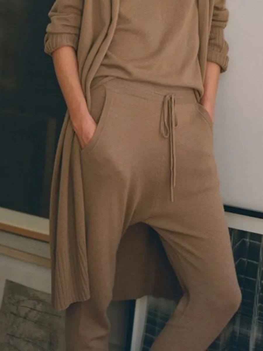 Women'S Casual Round Neck Knitted Long Sleeve Three-Piece Suit