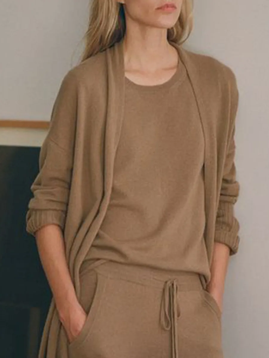 Women'S Casual Round Neck Knitted Long Sleeve Three-Piece Suit
