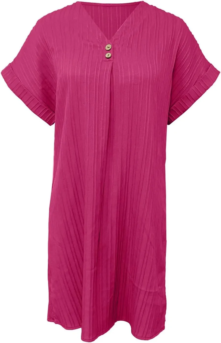 Womens Casual Shirt Dress Cap Sleeve Solid Color Button V Neck Shift Summer Dresses with Pockets