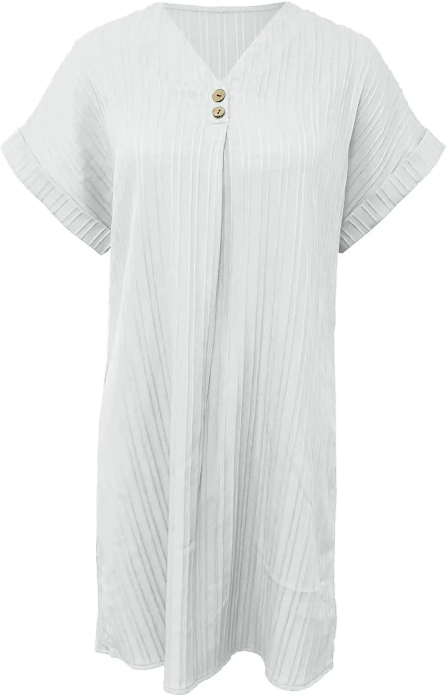 Womens Casual Shirt Dress Cap Sleeve Solid Color Button V Neck Shift Summer Dresses with Pockets