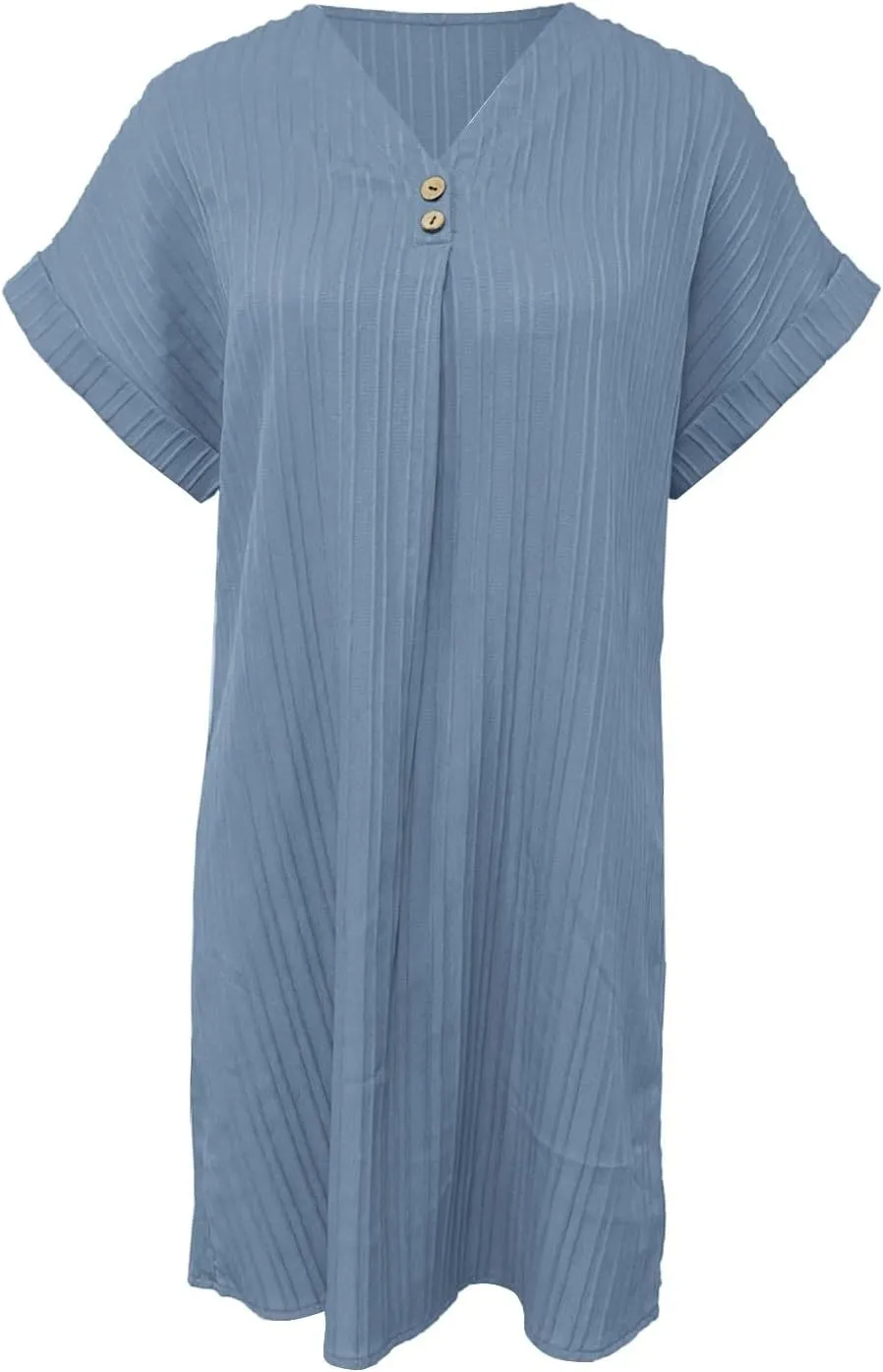 Womens Casual Shirt Dress Cap Sleeve Solid Color Button V Neck Shift Summer Dresses with Pockets
