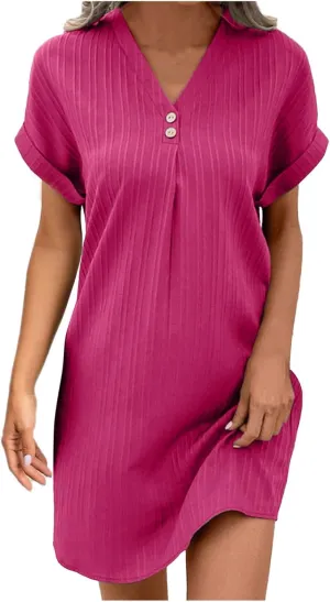 Womens Casual Shirt Dress Cap Sleeve Solid Color Button V Neck Shift Summer Dresses with Pockets