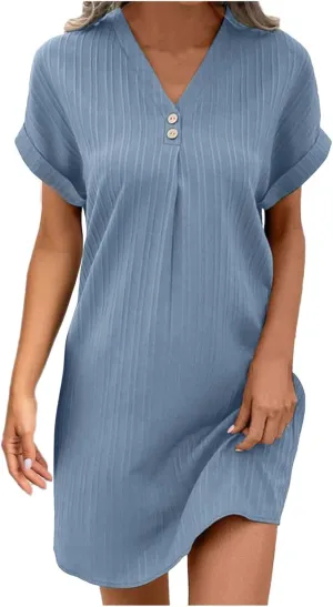 Womens Casual Shirt Dress Cap Sleeve Solid Color Button V Neck Shift Summer Dresses with Pockets