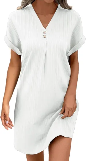 Womens Casual Shirt Dress Cap Sleeve Solid Color Button V Neck Shift Summer Dresses with Pockets