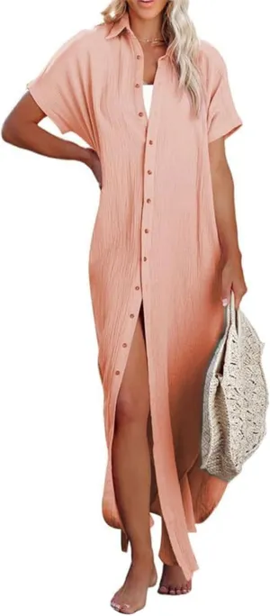 Womens Casual Short Sleeve Button Down Dress Side Split Long Kimonos Summer Loose Midi Long Tunic Shirt Dress