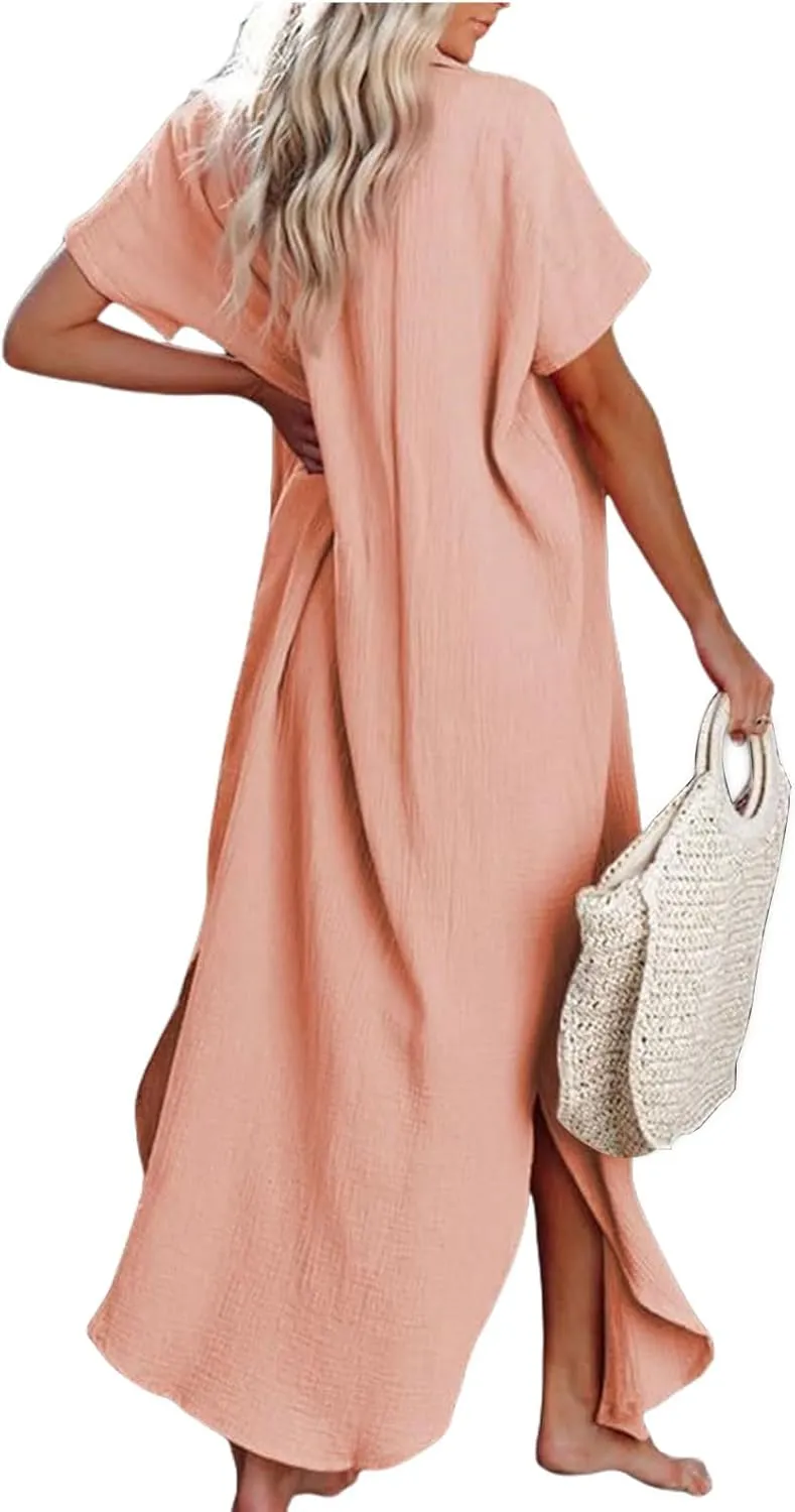 Womens Casual Short Sleeve Button Down Dress Side Split Long Kimonos Summer Loose Midi Long Tunic Shirt Dress