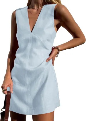 Women's Casual Sleeveless Deep V Neck Tank Tops Summer Beach Mini Dress Cotton Linen Slim Vacation Travel Party Dress