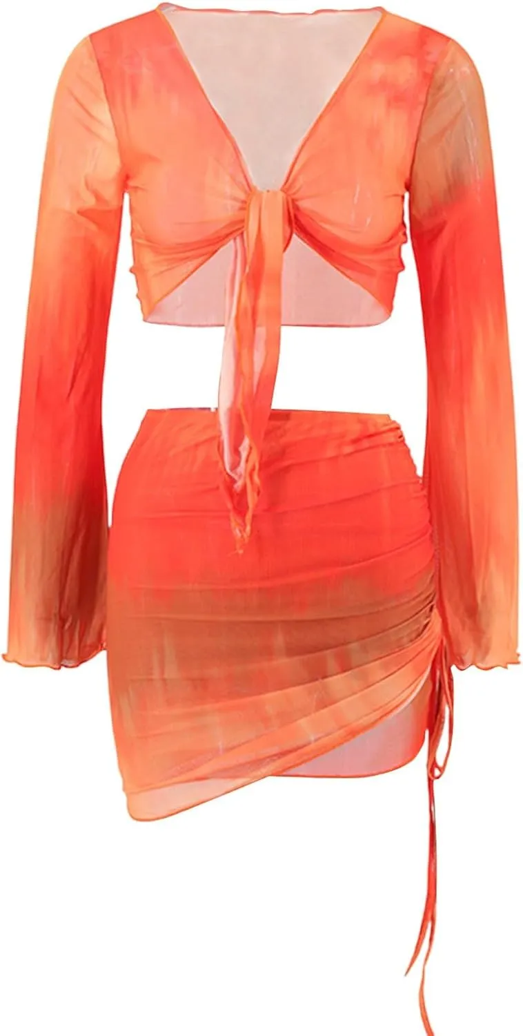 Womens Casual Summer 2 Piece Skirt Dress Sets Tie Front Long Sleeve Crop Top with Sheer Mesh Skirt Beach Cover Ups
