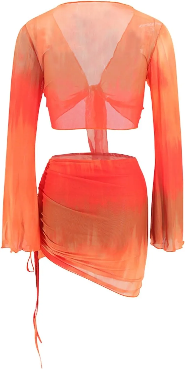 Womens Casual Summer 2 Piece Skirt Dress Sets Tie Front Long Sleeve Crop Top with Sheer Mesh Skirt Beach Cover Ups