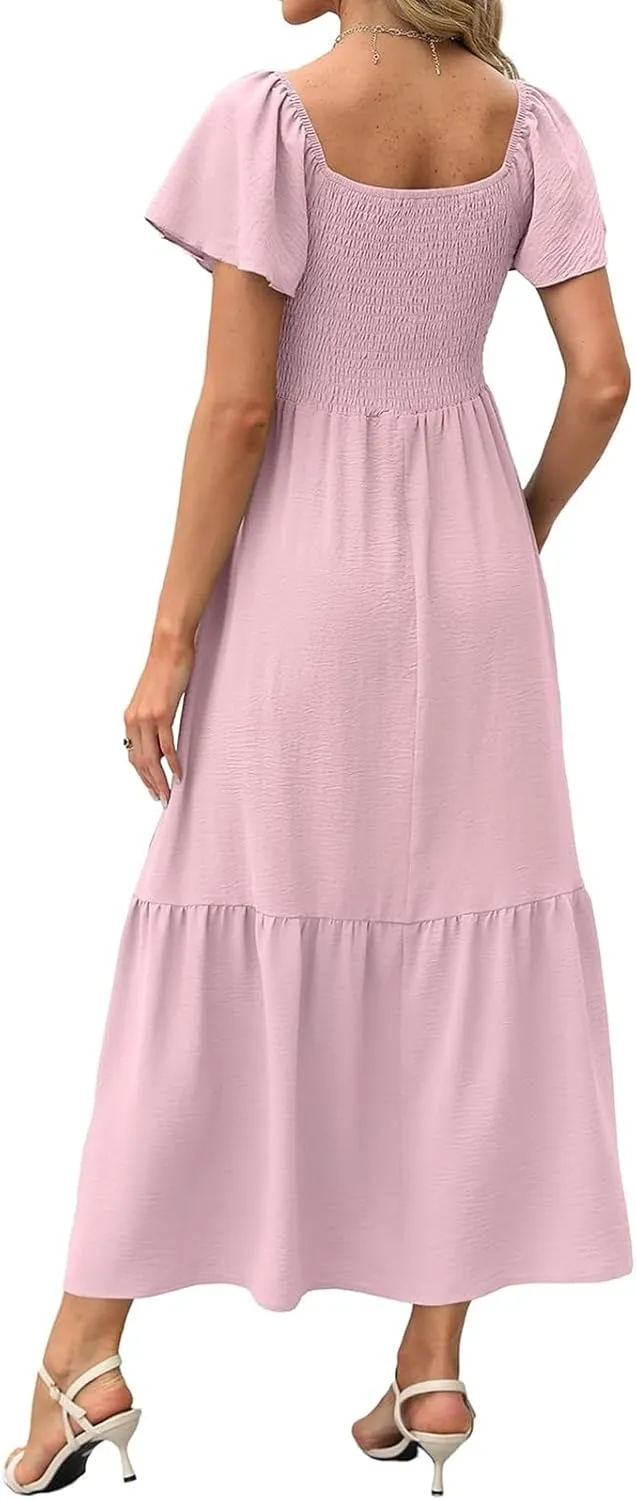 Womens Casual Summer Dress Square Neck Puff Sleeve Boho Midi Dress Swiss Dot Boho Flowy Sundress