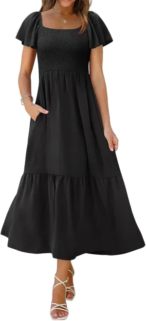 Womens Casual Summer Dress Square Neck Puff Sleeve Boho Midi Dress Swiss Dot Boho Flowy Sundress