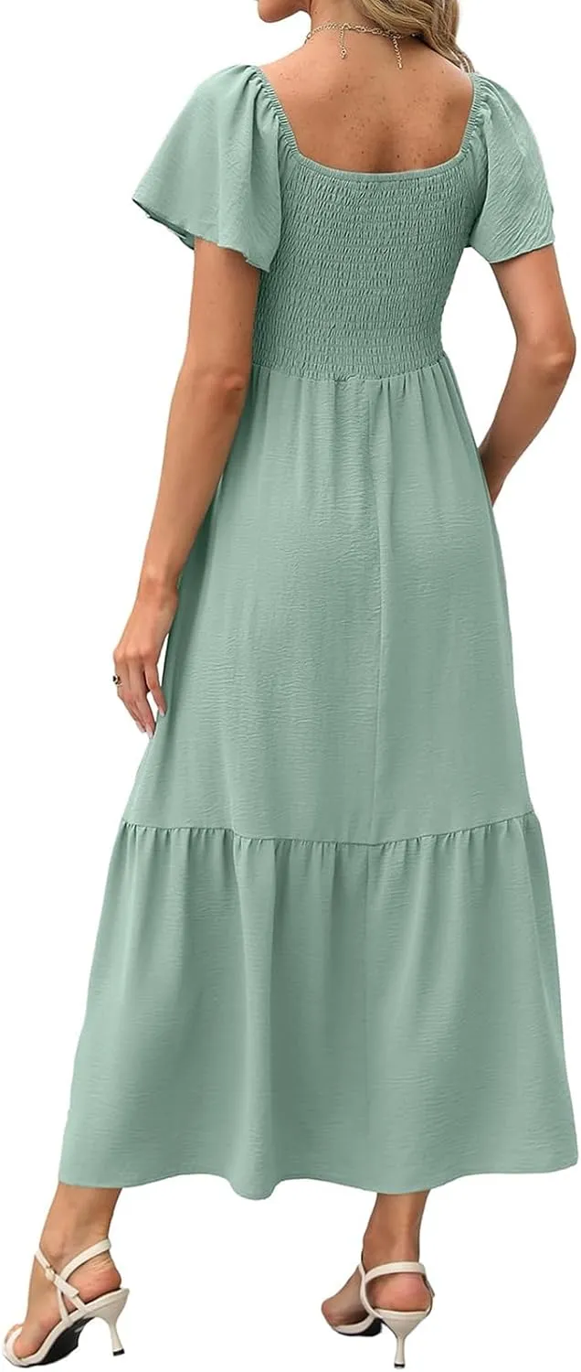 Womens Casual Summer Dress Square Neck Puff Sleeve Boho Midi Dress Swiss Dot Boho Flowy Sundress
