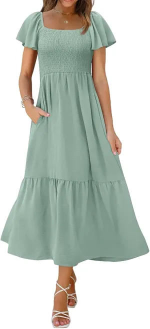 Womens Casual Summer Dress Square Neck Puff Sleeve Boho Midi Dress Swiss Dot Boho Flowy Sundress