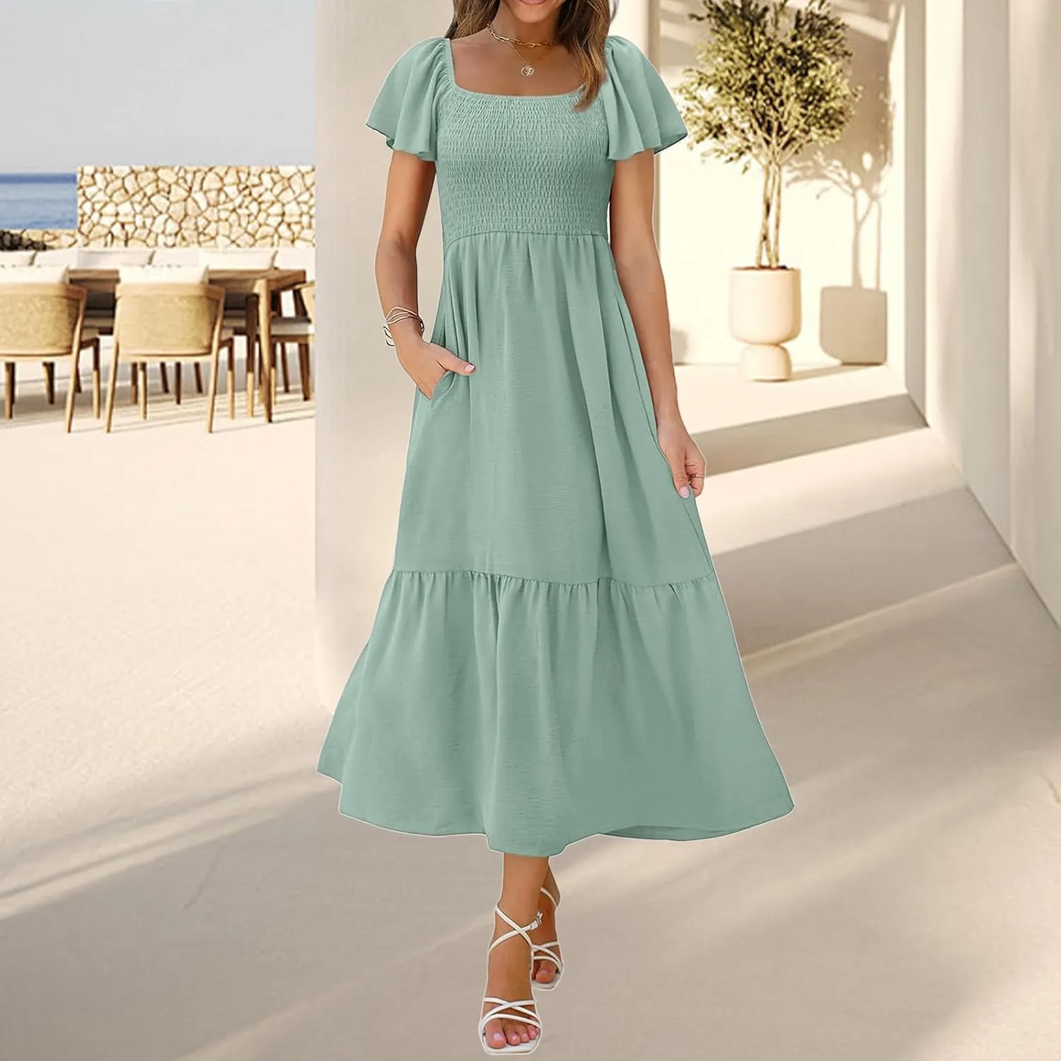 Womens Casual Summer Dress Square Neck Puff Sleeve Boho Midi Dress Swiss Dot Boho Flowy Sundress