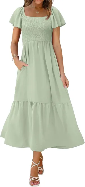 Womens Casual Summer Dress Square Neck Puff Sleeve Boho Midi Dress Swiss Dot Boho Flowy Sundress