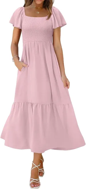Womens Casual Summer Dress Square Neck Puff Sleeve Boho Midi Dress Swiss Dot Boho Flowy Sundress