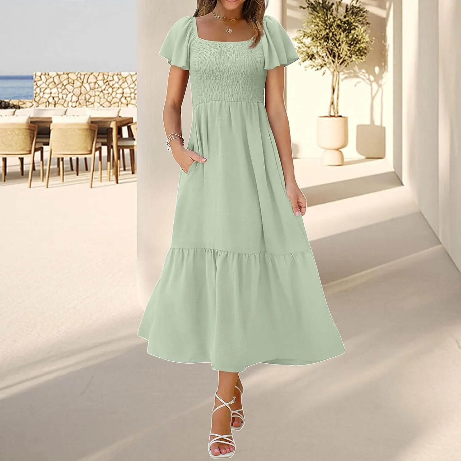 Womens Casual Summer Dress Square Neck Puff Sleeve Boho Midi Dress Swiss Dot Boho Flowy Sundress