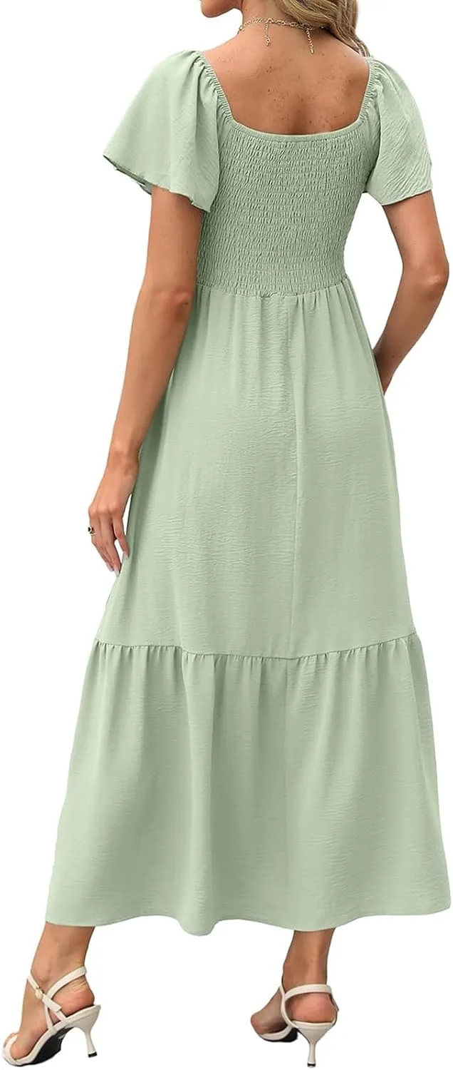 Womens Casual Summer Dress Square Neck Puff Sleeve Boho Midi Dress Swiss Dot Boho Flowy Sundress