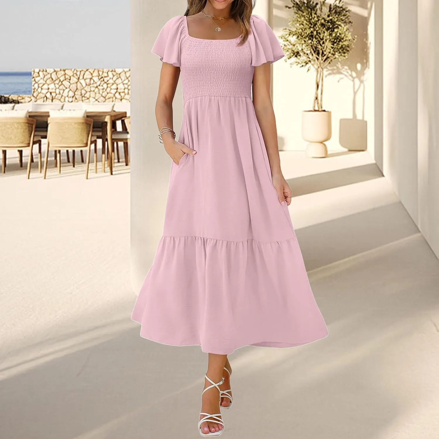 Womens Casual Summer Dress Square Neck Puff Sleeve Boho Midi Dress Swiss Dot Boho Flowy Sundress