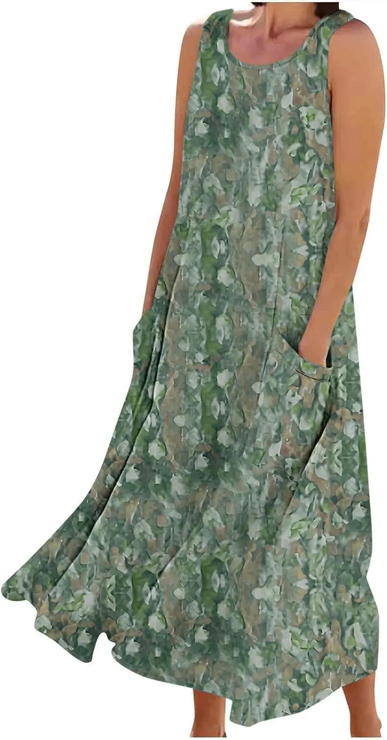 Women's Casual Summer Dresses 2024 Sleeveless Floral Dress Loose Fit Flowy Shift Dress Midi Dress