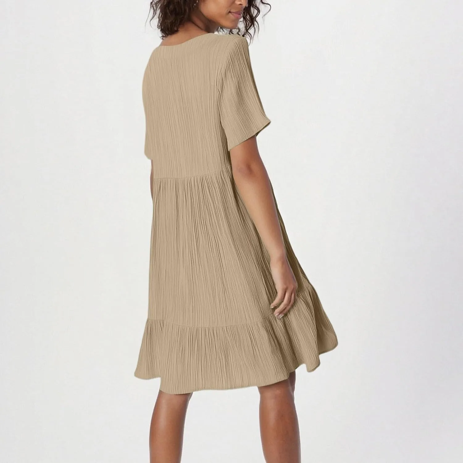 Womens Casual Summer Dresses Fashion Solid Short Sleeve Mini A Line Dress Loose Ruffle Pleated Vacation Beach Dresses
