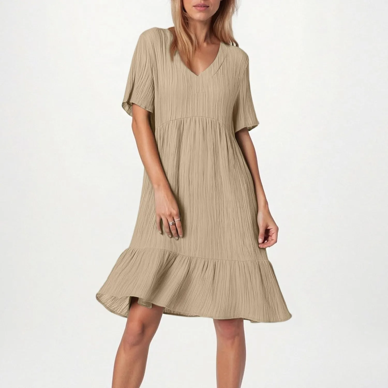 Womens Casual Summer Dresses Fashion Solid Short Sleeve Mini A Line Dress Loose Ruffle Pleated Vacation Beach Dresses
