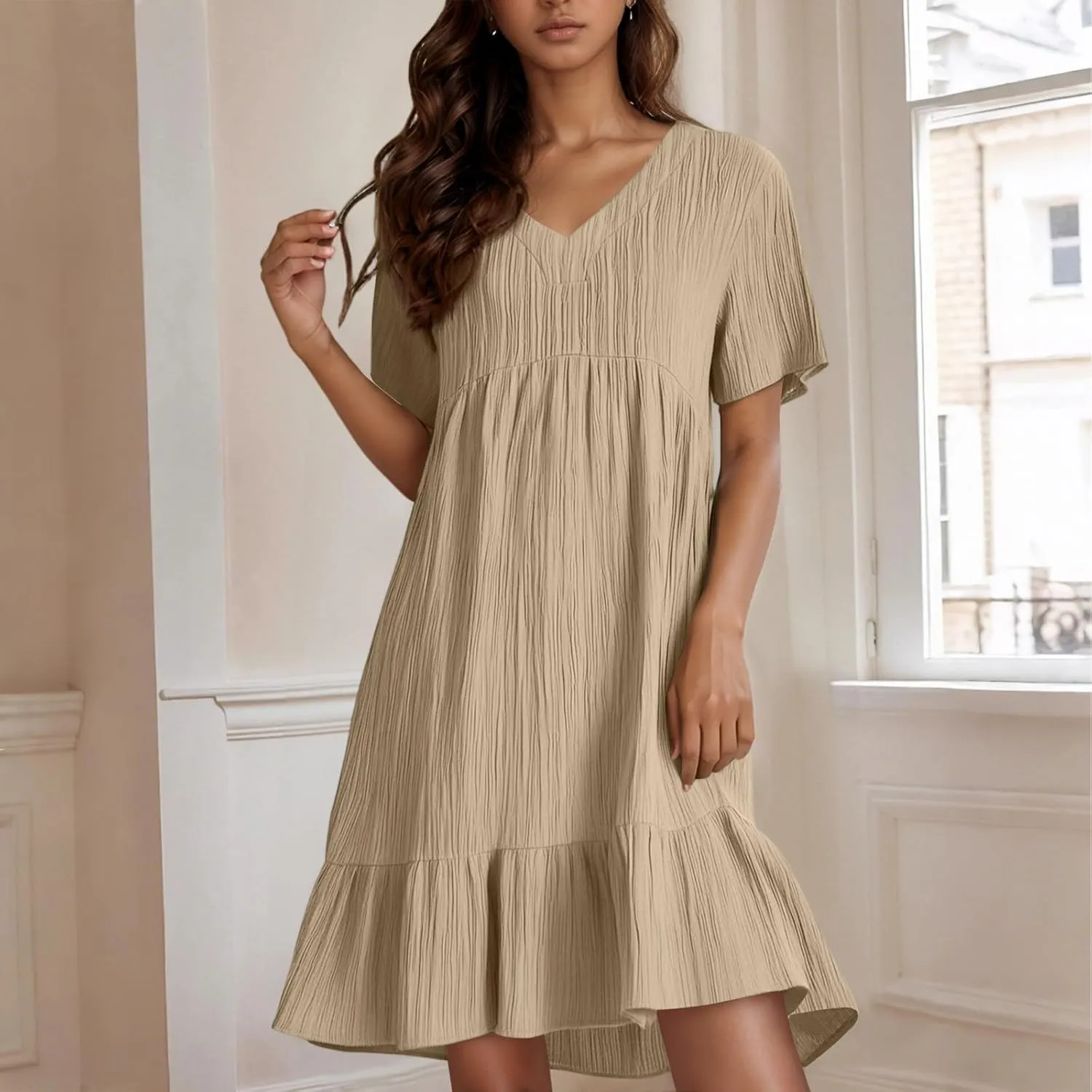 Womens Casual Summer Dresses Fashion Solid Short Sleeve Mini A Line Dress Loose Ruffle Pleated Vacation Beach Dresses