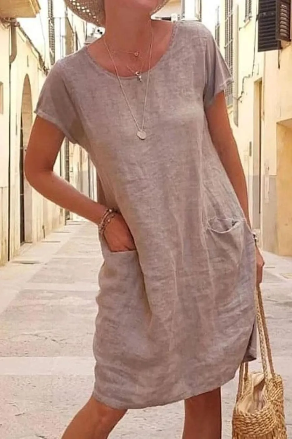 Womens Casual Summer Linen T Shirt Round Neck Dress Swimsuit Loose Cover Up Short Sleeve Tunic Dresses with Pocket