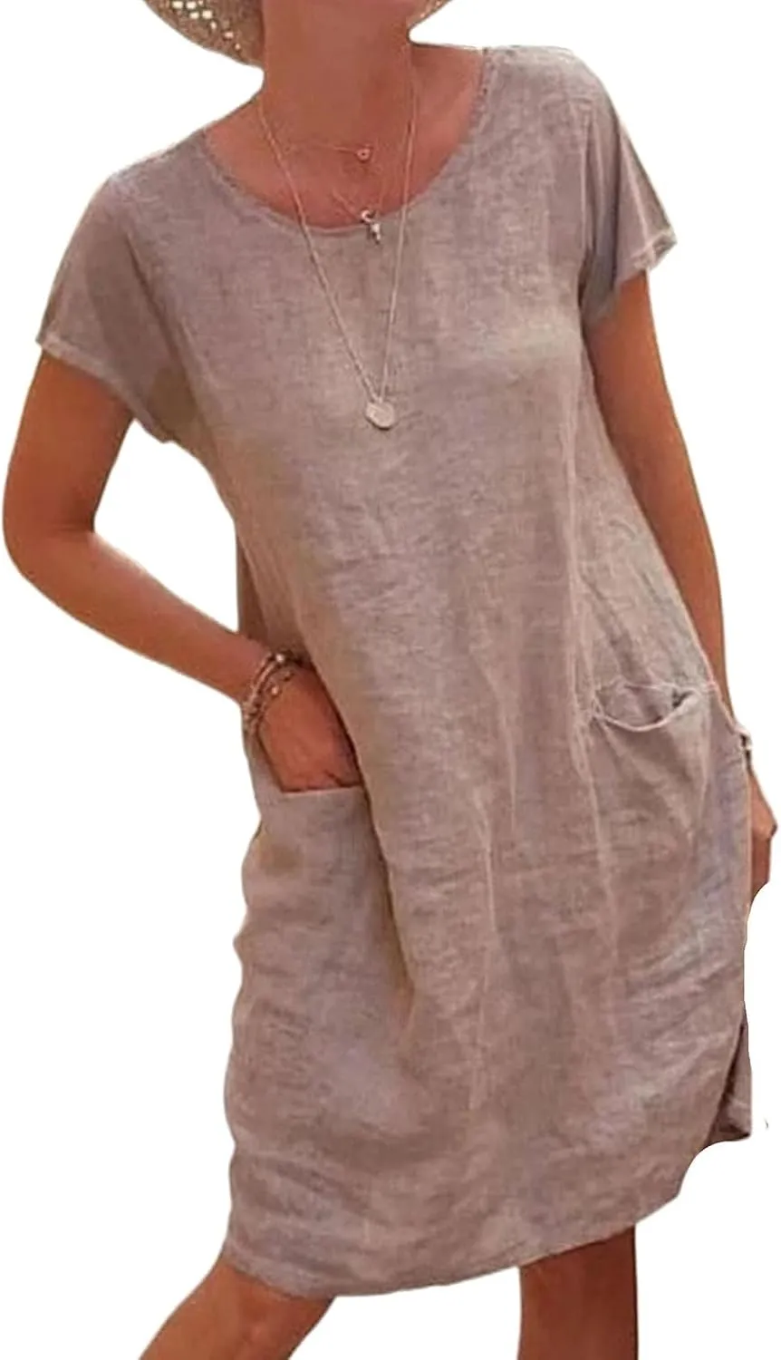 Womens Casual Summer Linen T Shirt Round Neck Dress Swimsuit Loose Cover Up Short Sleeve Tunic Dresses with Pocket