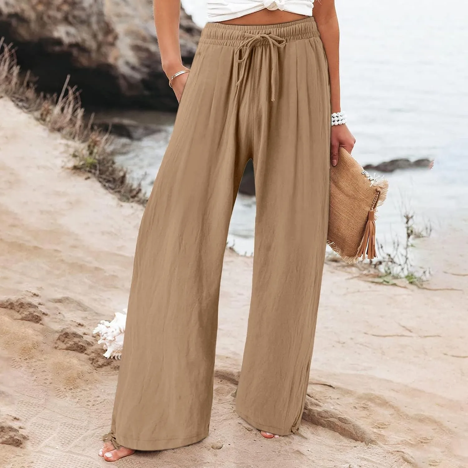 Womens Cotton and Linen Palazzo Pants 2025 Summer Casual Wide Leg Pants Fashion Loose Beach Trousers with Pocket