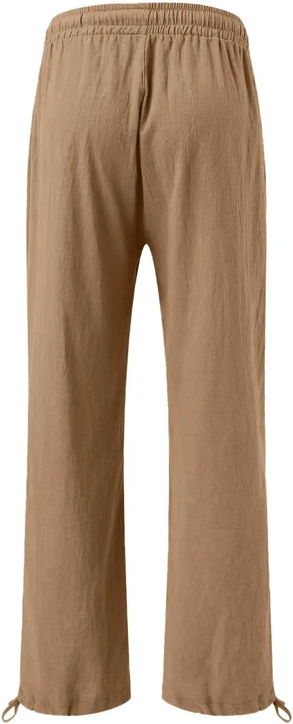 Womens Cotton and Linen Palazzo Pants 2025 Summer Casual Wide Leg Pants Fashion Loose Beach Trousers with Pocket