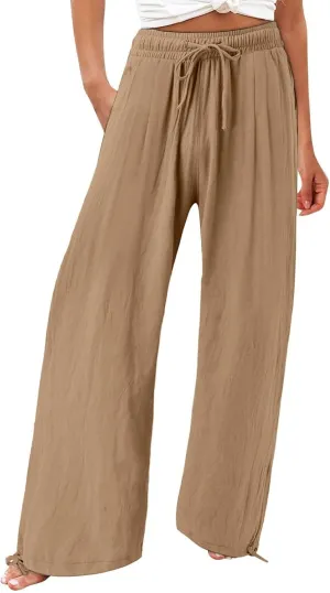 Womens Cotton and Linen Palazzo Pants 2025 Summer Casual Wide Leg Pants Fashion Loose Beach Trousers with Pocket