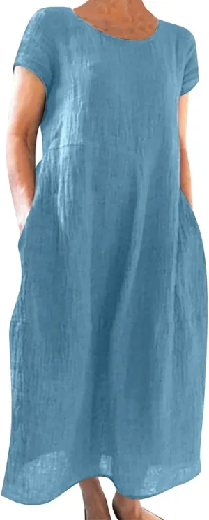 Womens Cotton Linen A-Line Maxi Beach Sundress Plus Size Solid Color Spring Dresses Travel Vacation 2025 Summer Outfits