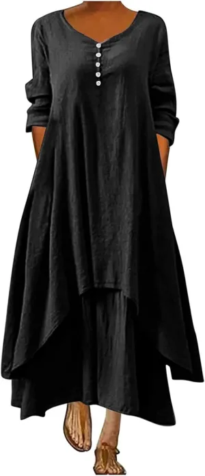 Women's Cotton Linen Dresses Irregular Hem Shirt Dress with Pockets Cotton Linen Dress Summer Midi Dresses