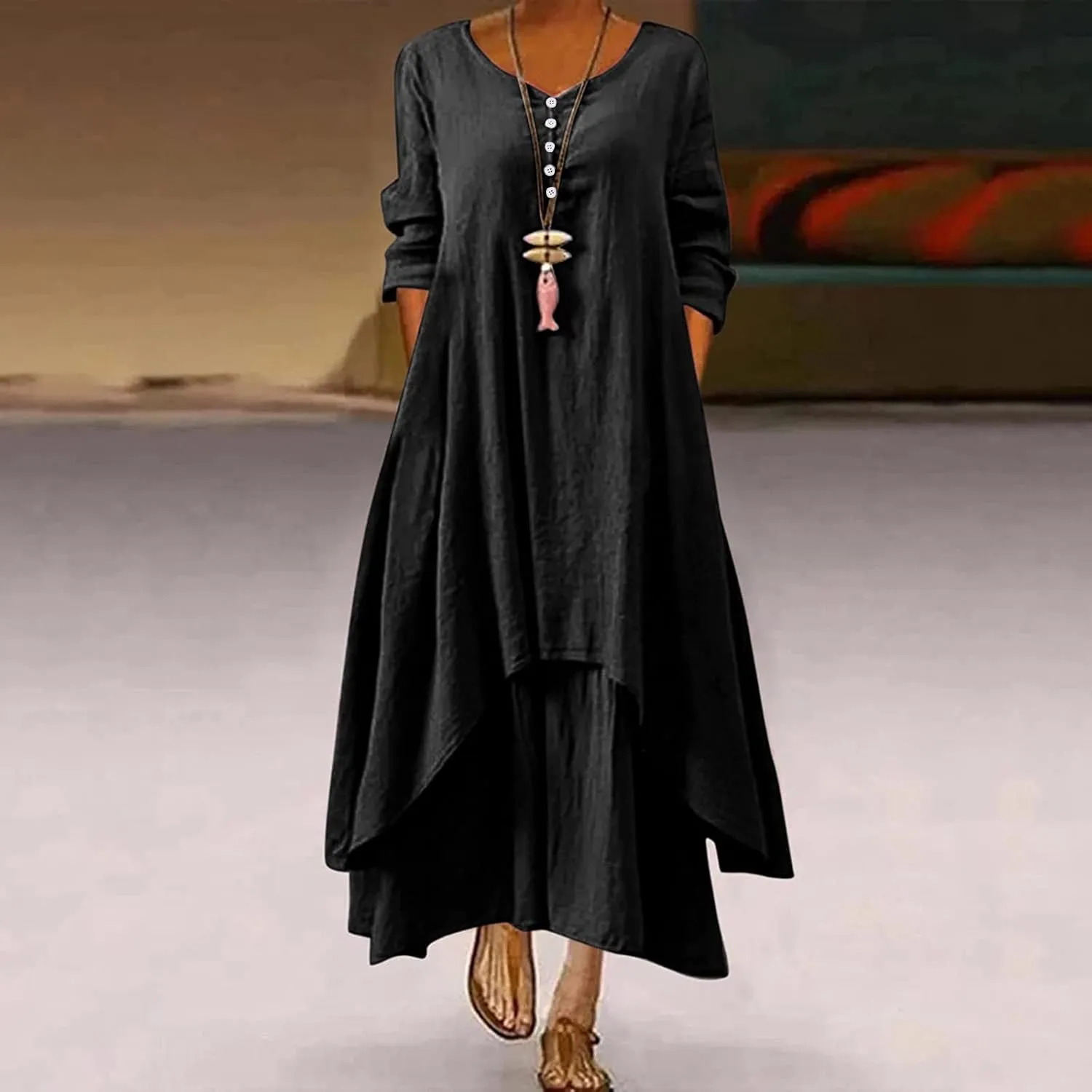 Women's Cotton Linen Dresses Irregular Hem Shirt Dress with Pockets Cotton Linen Dress Summer Midi Dresses