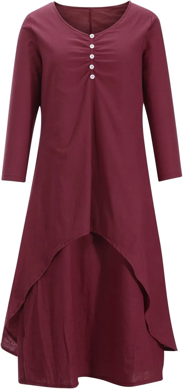 Women's Cotton Linen Dresses Irregular Hem Shirt Dress with Pockets Cotton Linen Dress Summer Midi Dresses