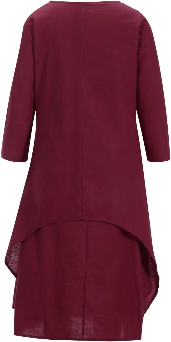 Women's Cotton Linen Dresses Irregular Hem Shirt Dress with Pockets Cotton Linen Dress Summer Midi Dresses