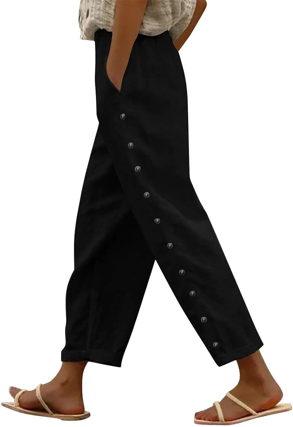 Women's Cotton Pants Striped Side Button Elastic Waist Trendy Pants Straight Leg Baggy with Pocket Comfy Trousers