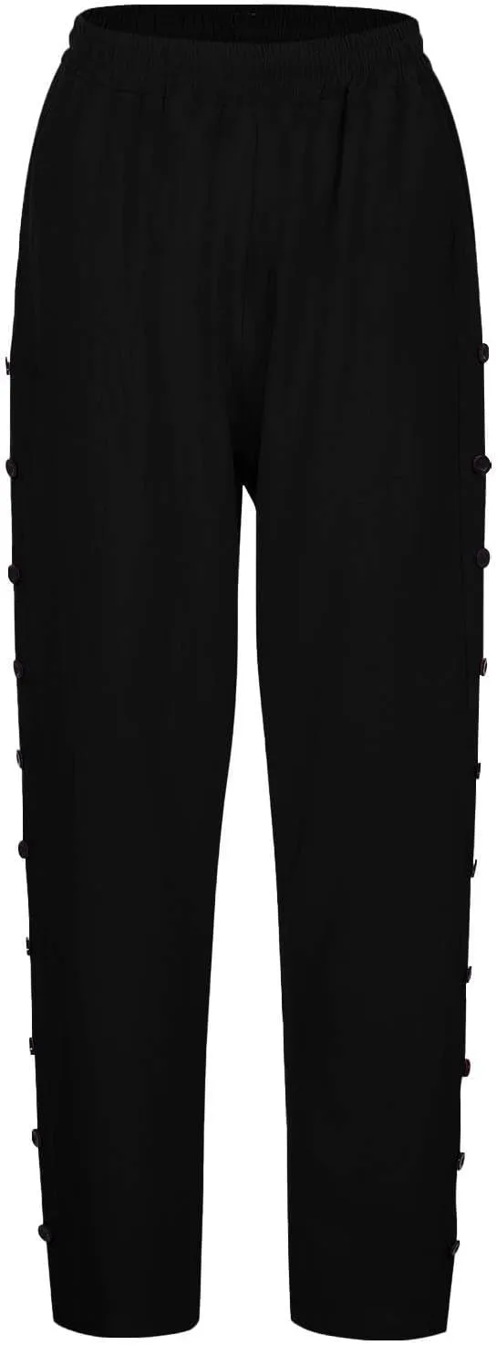 Women's Cotton Pants Striped Side Button Elastic Waist Trendy Pants Straight Leg Baggy with Pocket Comfy Trousers