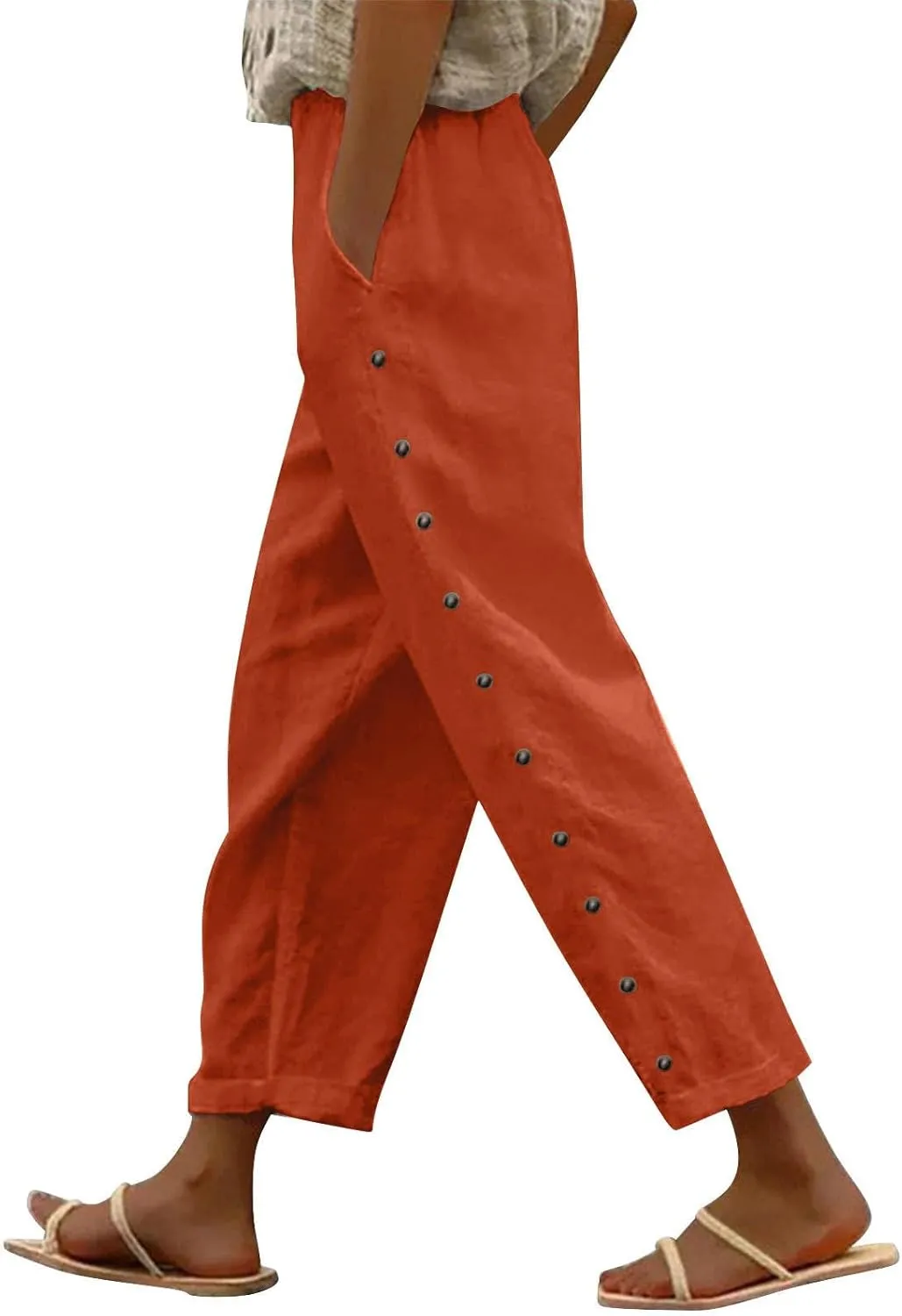 Women's Cotton Pants Striped Side Button Elastic Waist Trendy Pants Straight Leg Baggy with Pocket Comfy Trousers