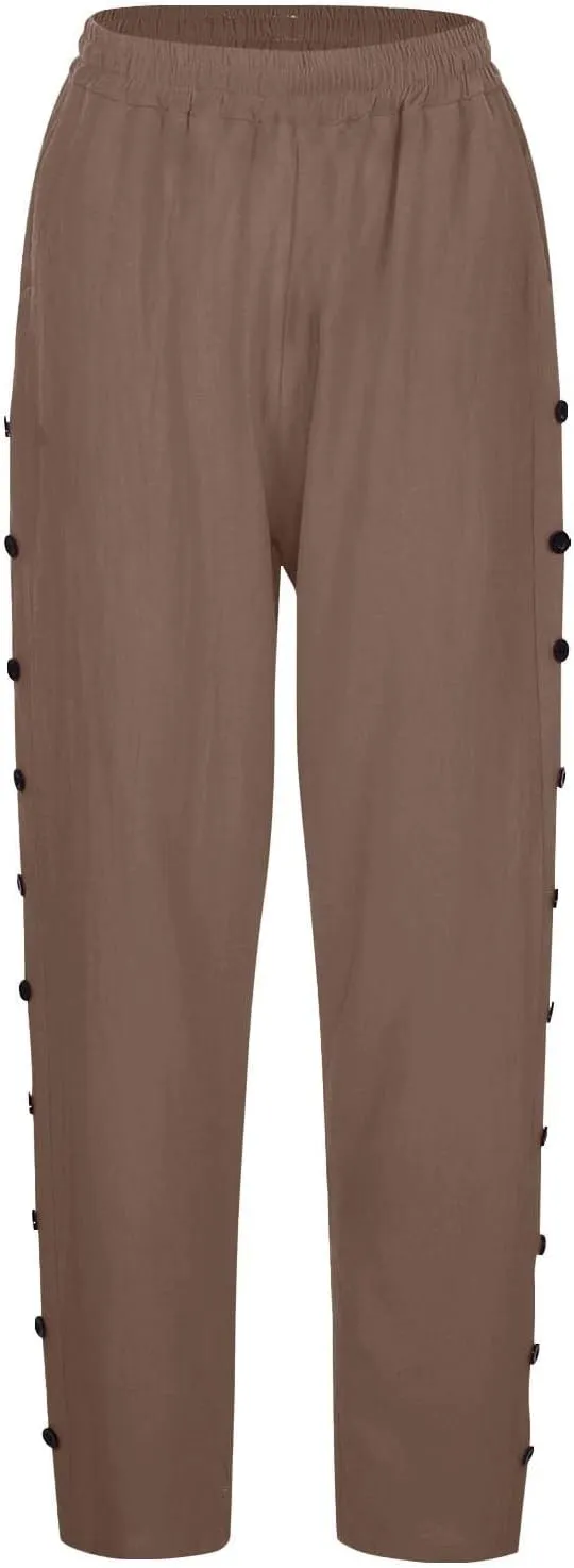 Women's Cotton Pants Striped Side Button Elastic Waist Trendy Pants Straight Leg Baggy with Pocket Comfy Trousers