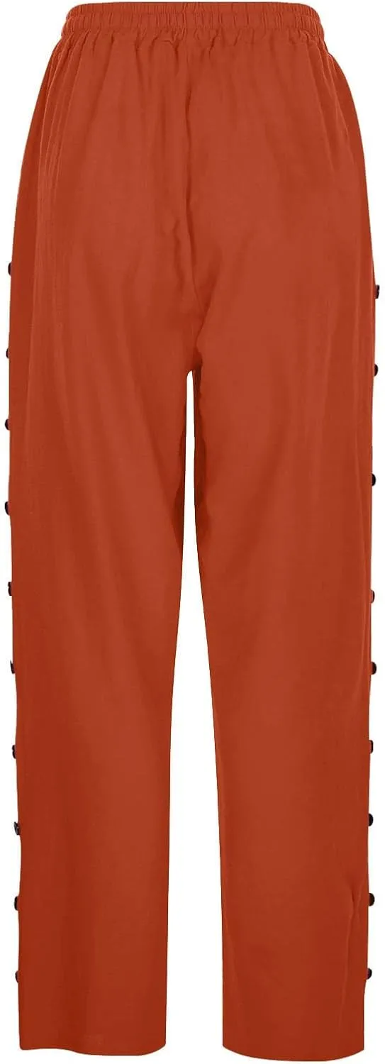 Women's Cotton Pants Striped Side Button Elastic Waist Trendy Pants Straight Leg Baggy with Pocket Comfy Trousers